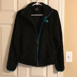 Black and teal north face jacket.