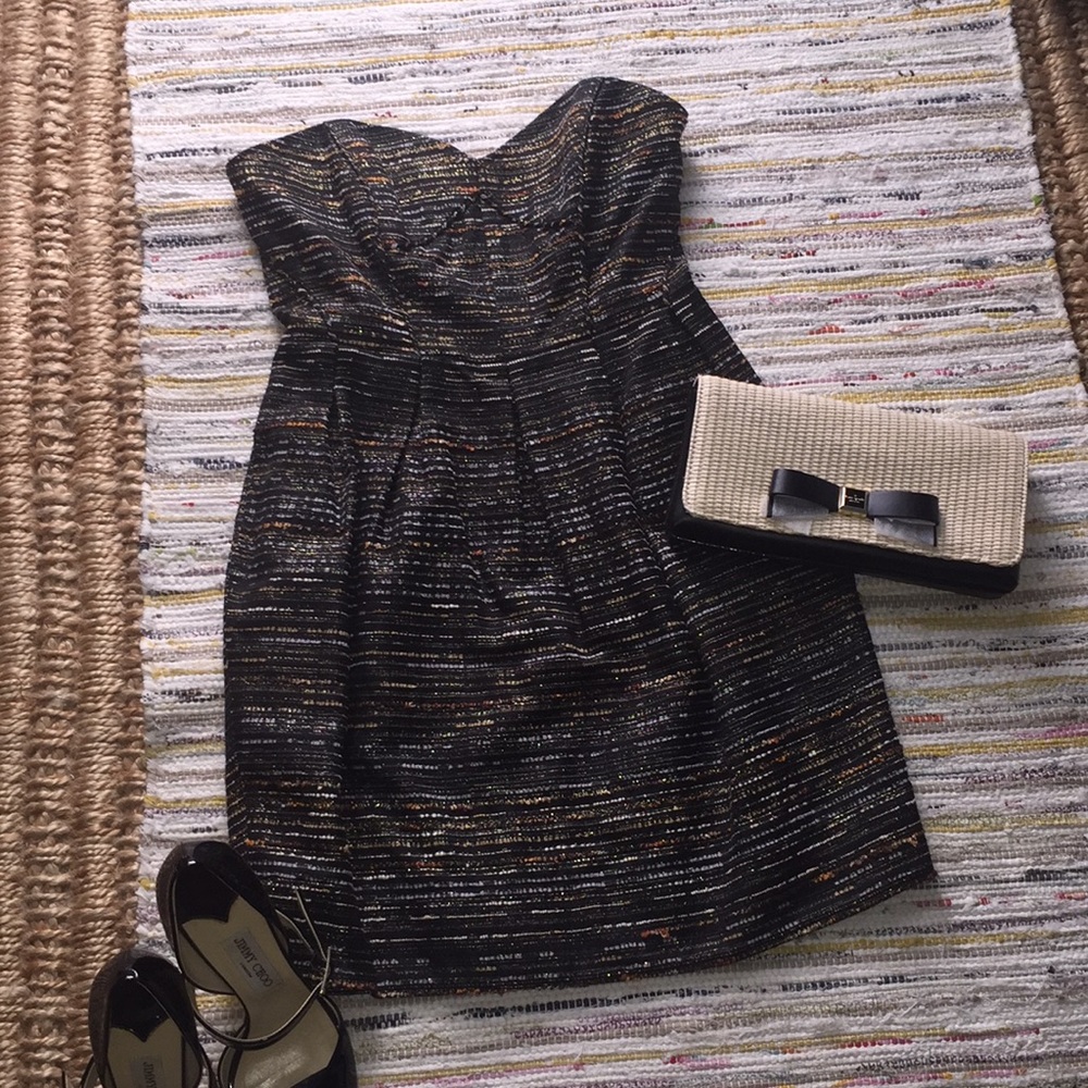 Shoshanna black and tweed strapless party dress