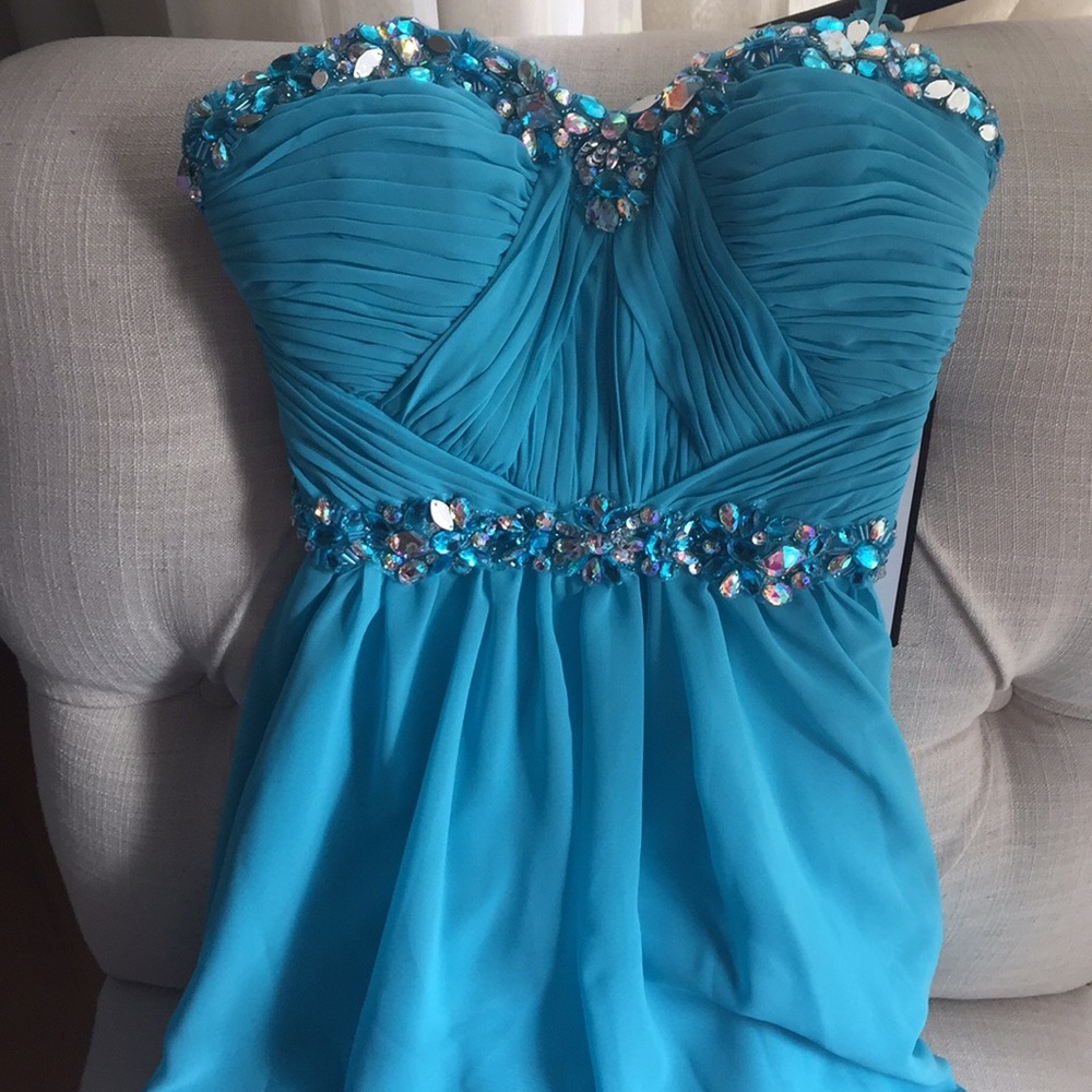 NWT Stunning Turquoise Hi Low Beaded Chiffon Dress