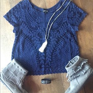 •EXPRESS• navy sheer lace boxy tee