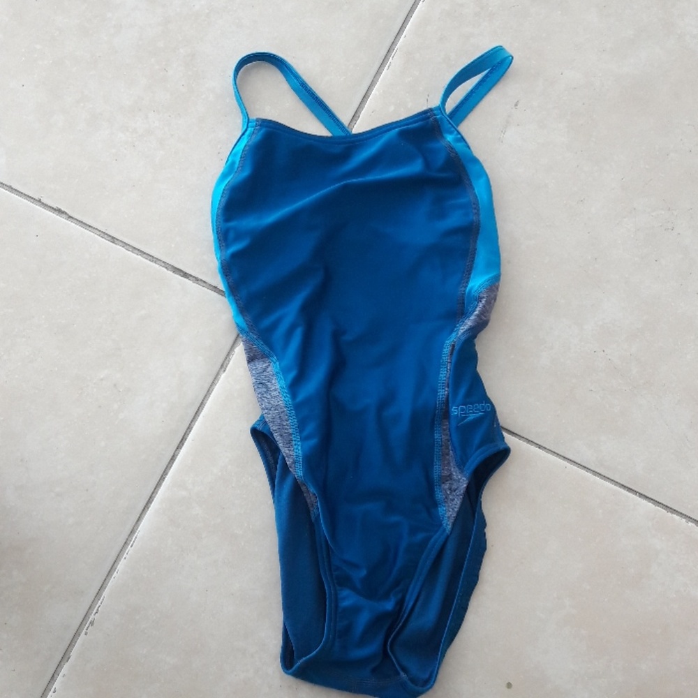 Blue and grey striped Speedo swim suit