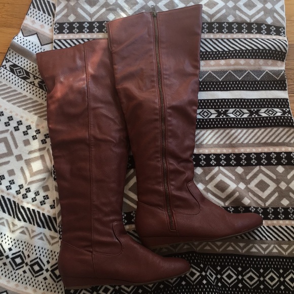 Shoes - Reddish brown over the knee wedge boots size 8