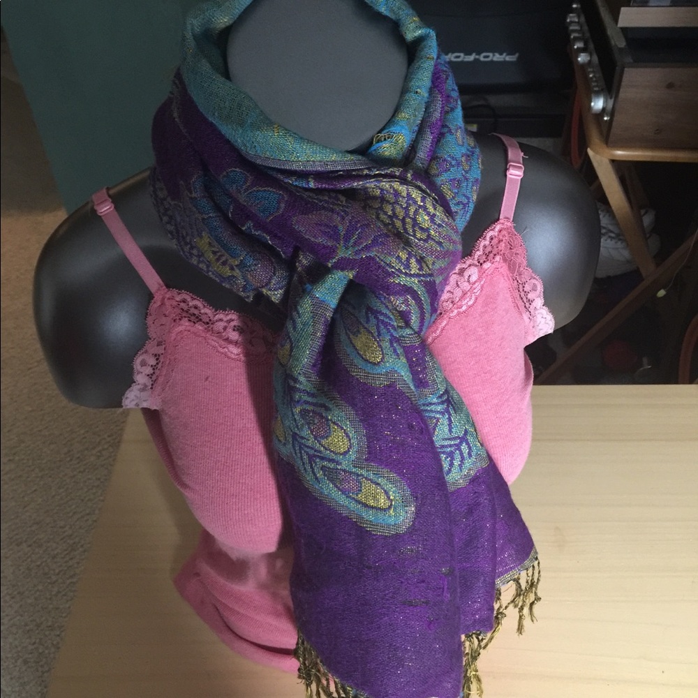 Purple peacock pashmina scarf