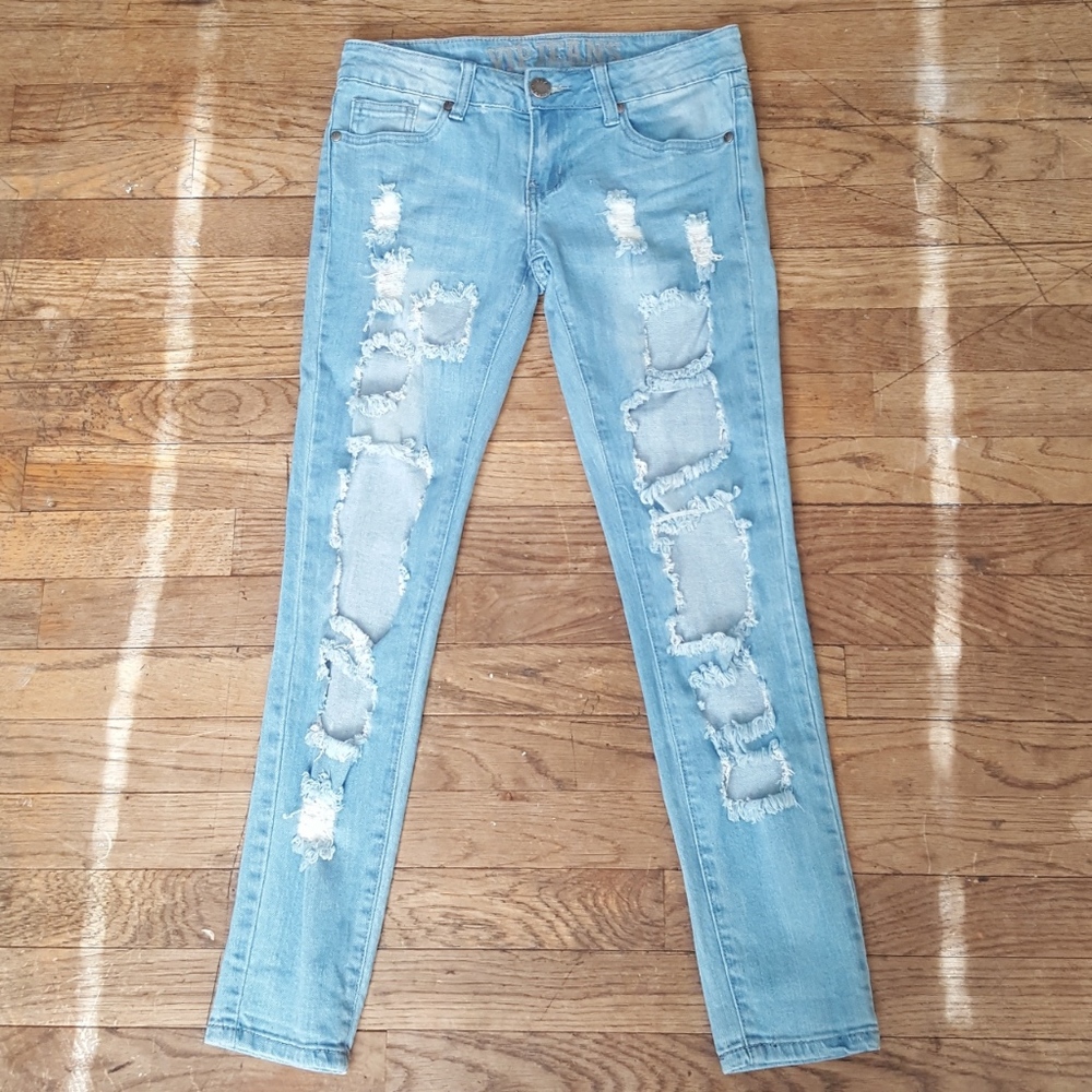 New Light Denim Distressed Cut Out Skinny Jeans XS