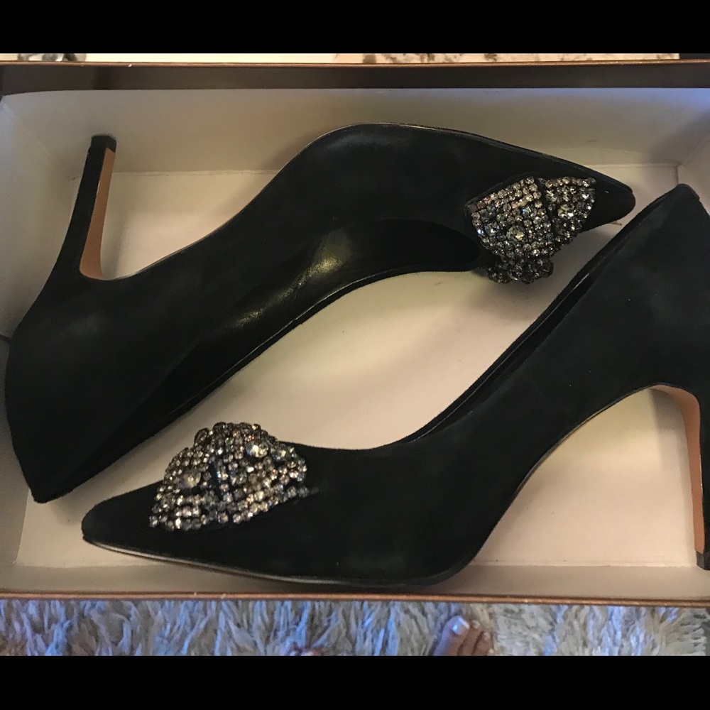 Black Suede bejeweled bow pumps