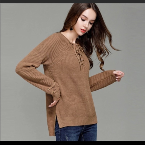 Sweaters - CAMEL TAN LACE-UP SWEATER NWT SIZE LARGE