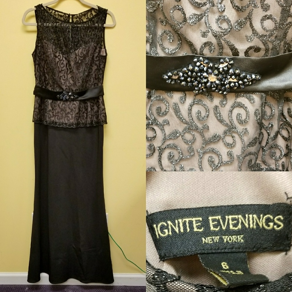 Ignite Evenings peplum metallic scroll dress NWT 6