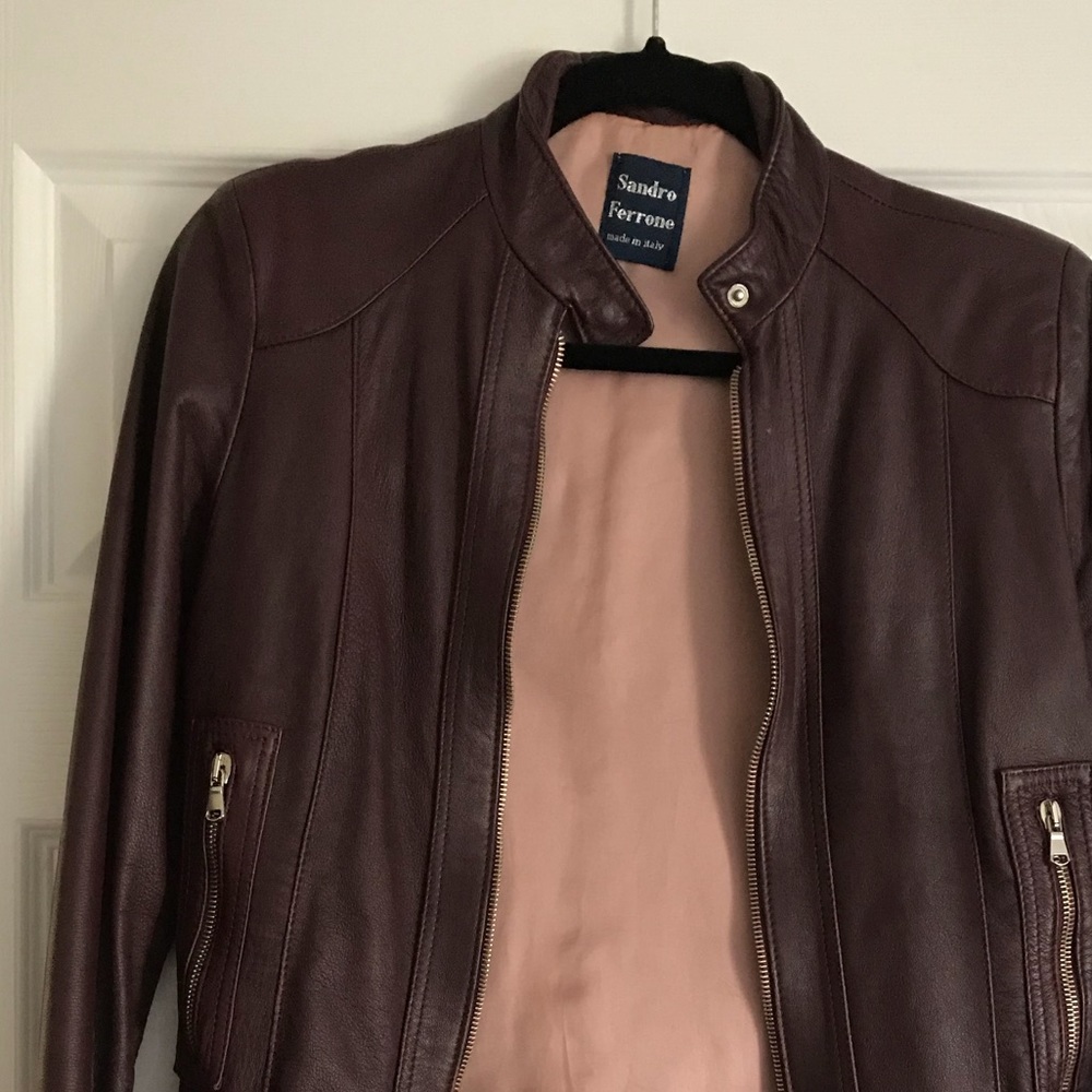 A genuine leather Sandro plum motorcycle jacket