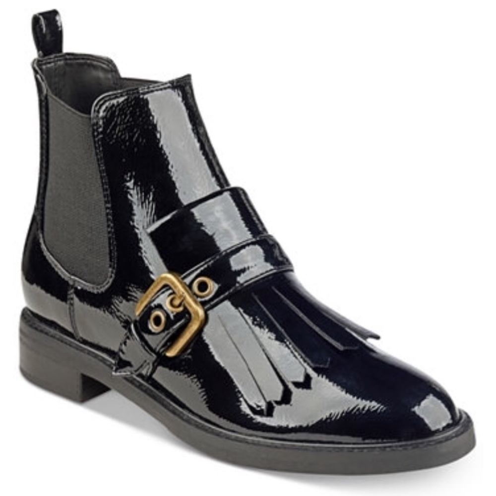 Marc Fisher patent black buckle booties