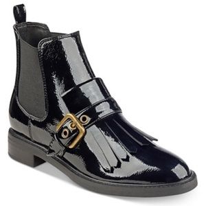 Marc Fisher patent black buckle booties