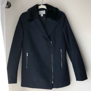 Navy wool coat with faux fair details
