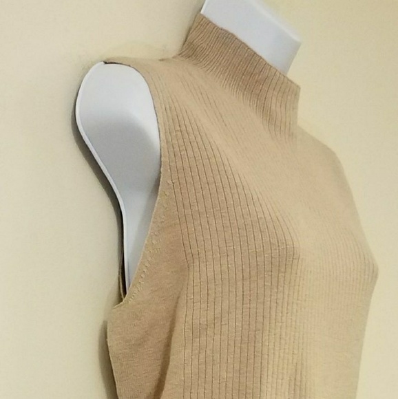 Calvin Klein Beige Ribbed Mock Neck Wool Sweater - Picture 2 of 8
