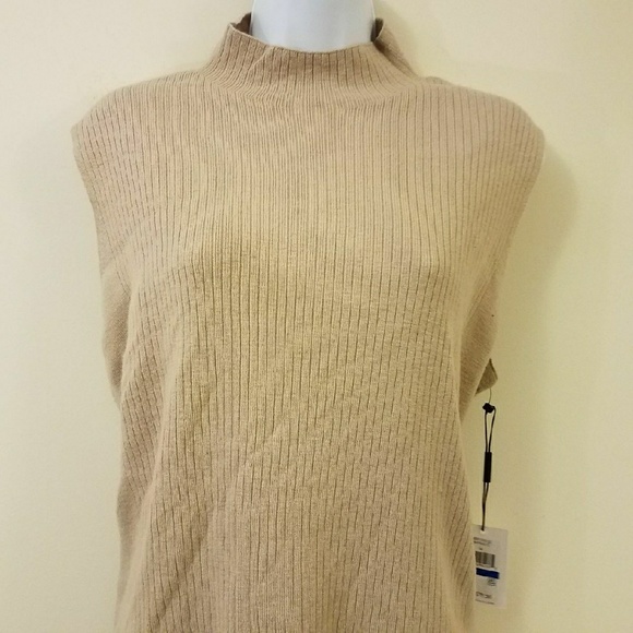 Calvin Klein Beige Ribbed Mock Neck Wool Sweater - Picture 3 of 8