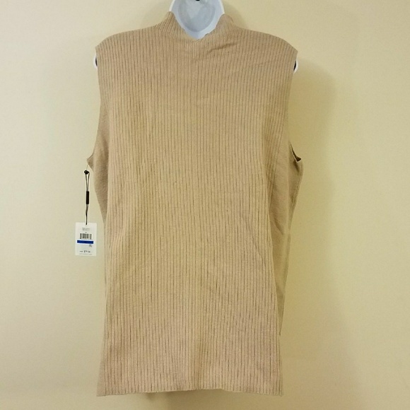 Calvin Klein Beige Ribbed Mock Neck Wool Sweater - Picture 4 of 8