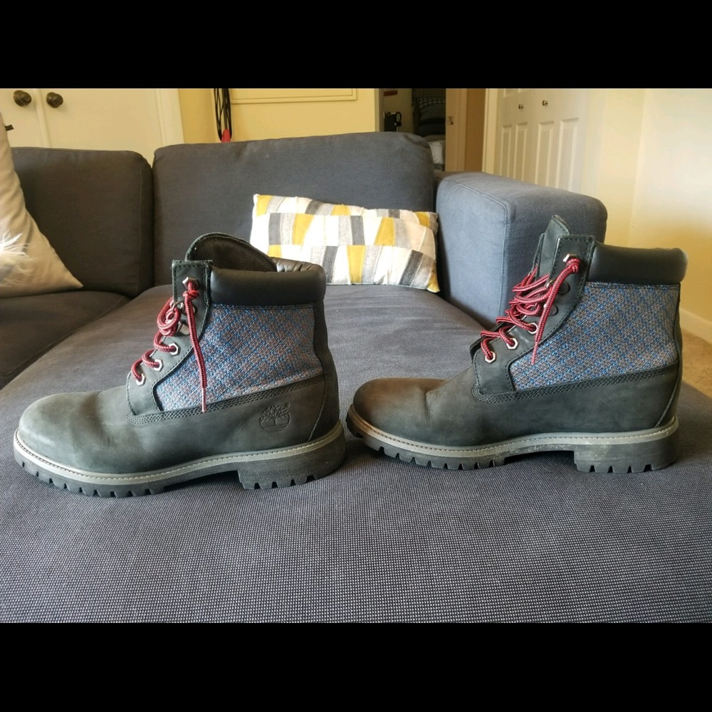 Black Timberland Boots with Blue and Gray Pattern