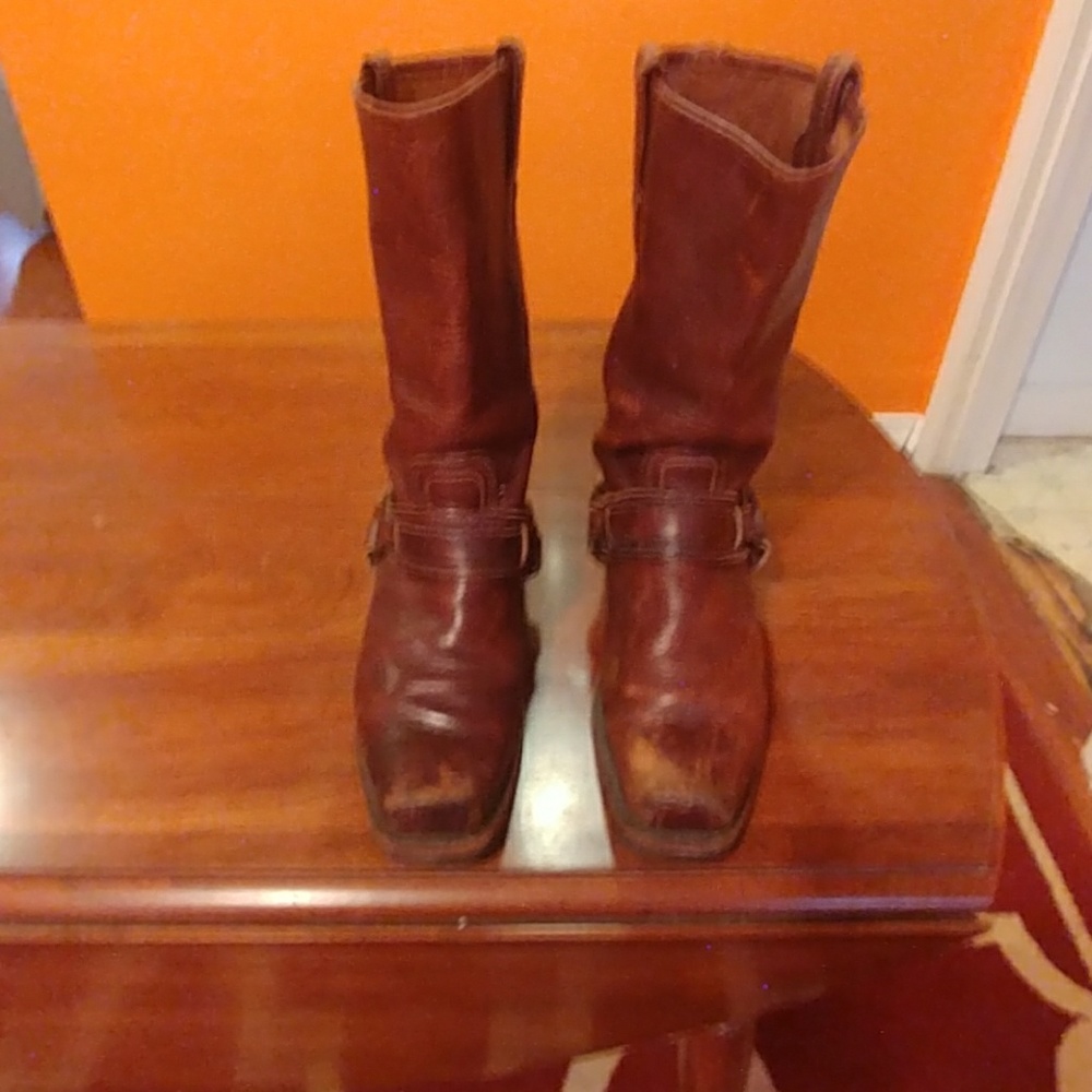 Frye mid-rise buckle boots with little wear.