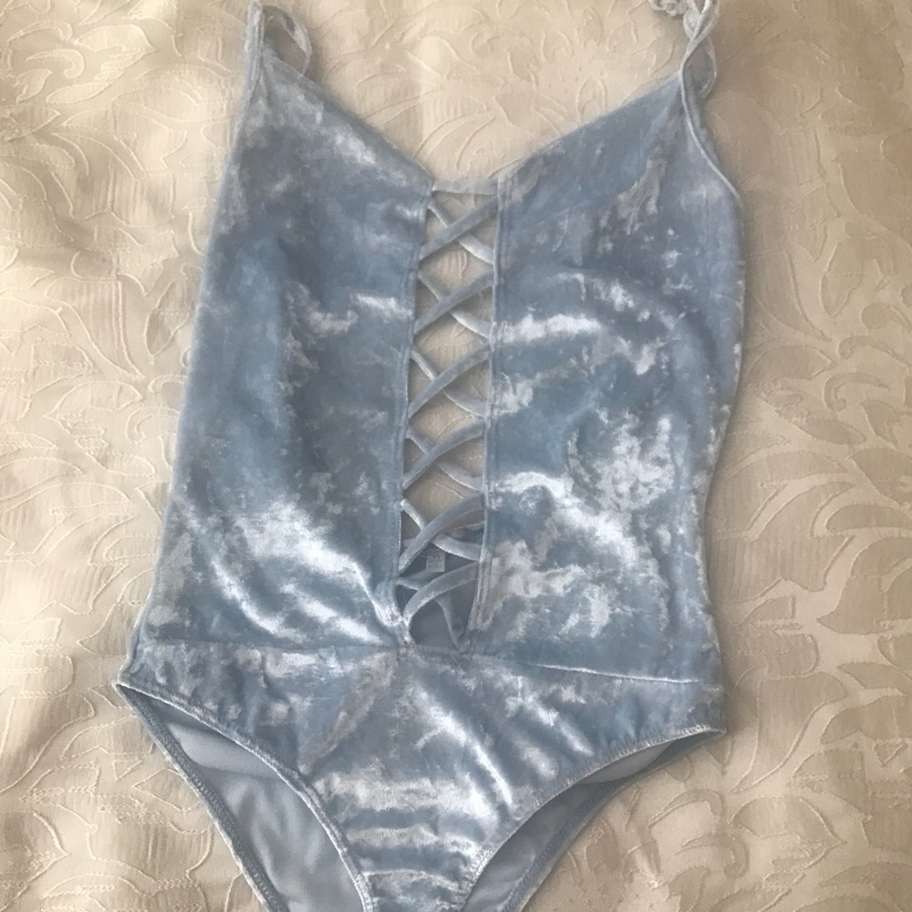 Suede bodysuit light blue