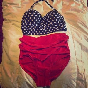 Black and red polka dot, high waisted bikini