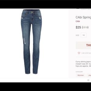 Cabi curvy skinny distressed jean, size 10
