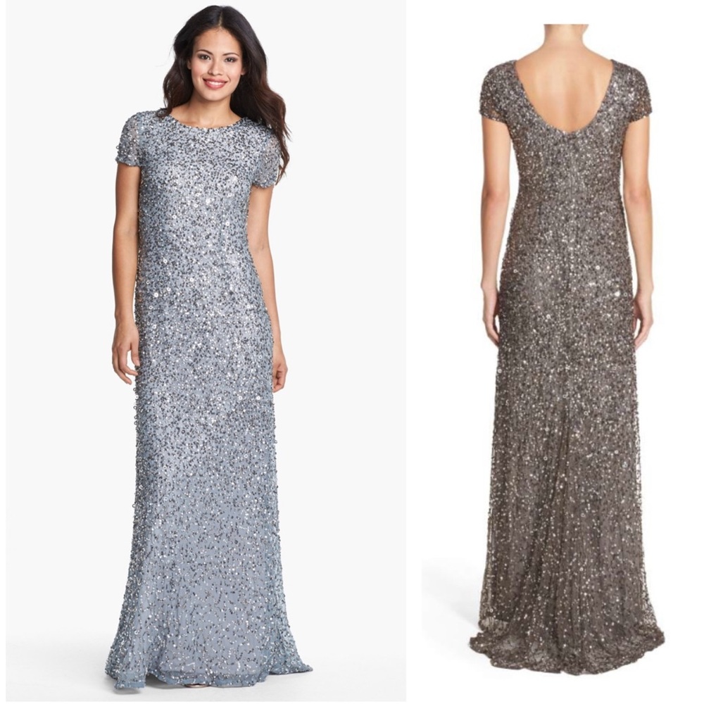Adrianna Papell Short Sleeve Sequin Mesh Gown