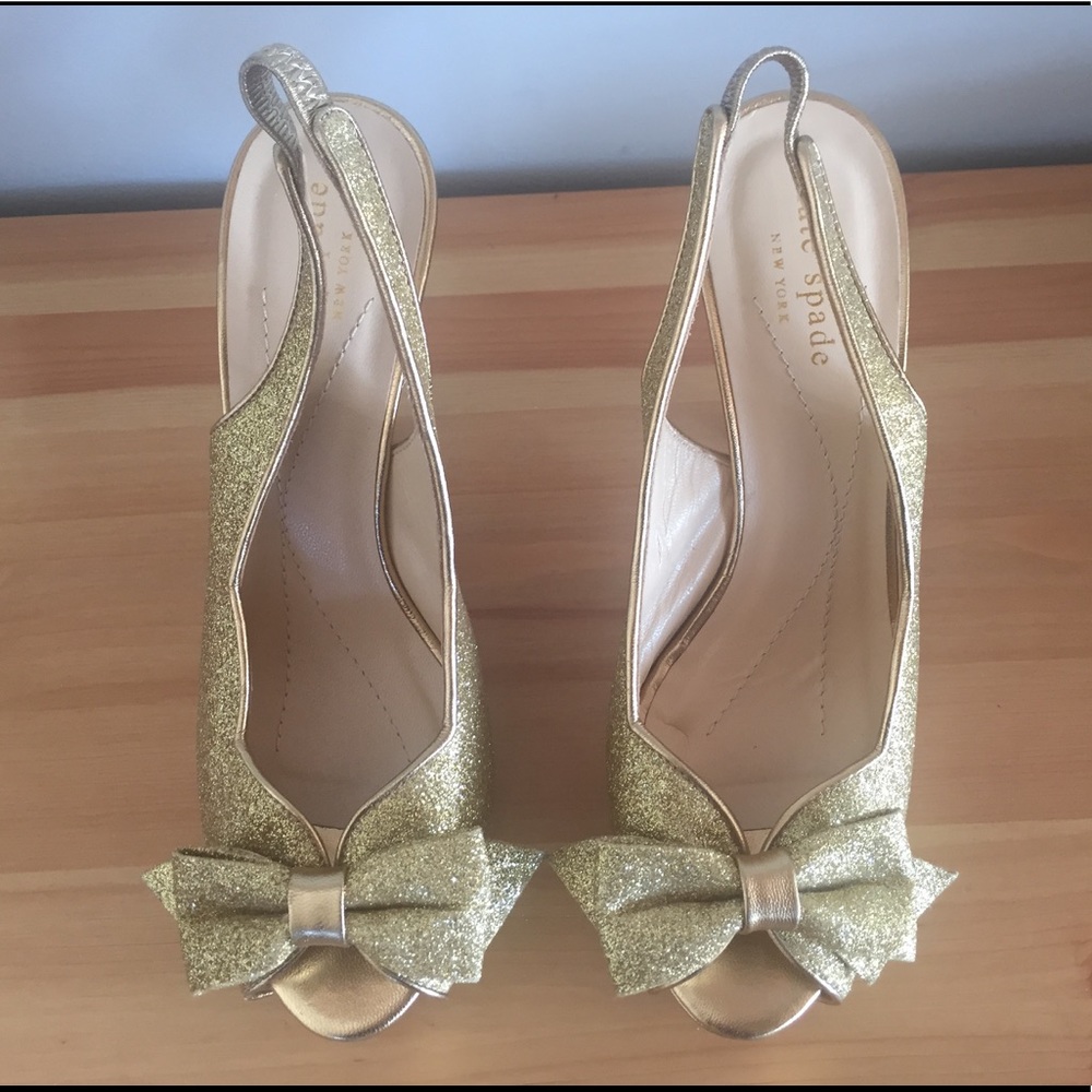 Kate Spade Gold Glitter Bow Slingback Heels