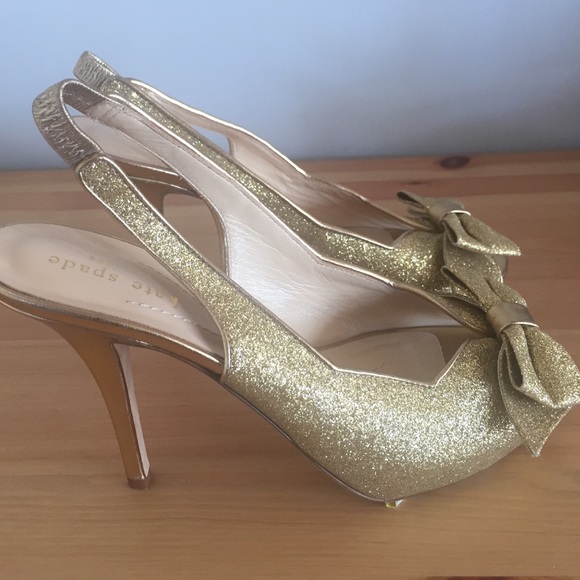 kate spade Shoes Kate Spade Gold Glitter Bow Slingback Heels Poshmark