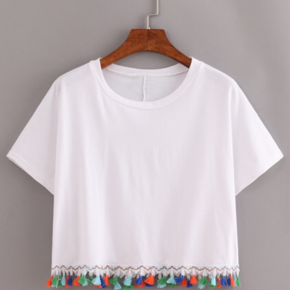 Crop white colorful fringe t shirt