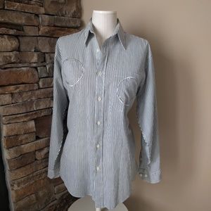 Nancy Ellis striped silver embroidered button down