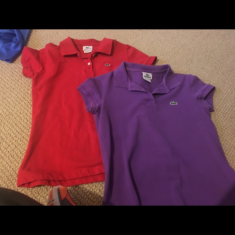 Two Lacoste polos, red, purple, sz 42, 36