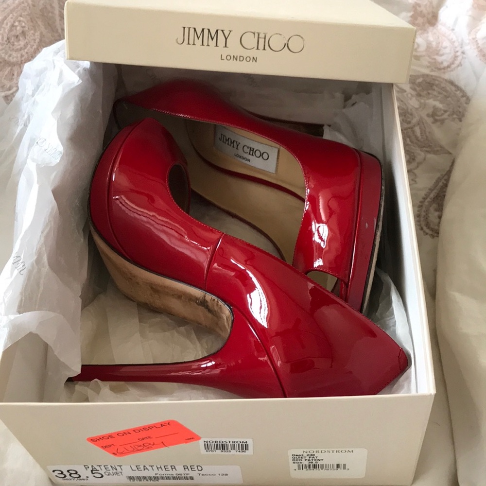 Jimmy Choo red patent quiet peep toe