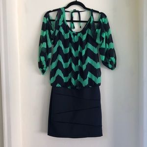 Windsor tie-back dress, navy and green chevron