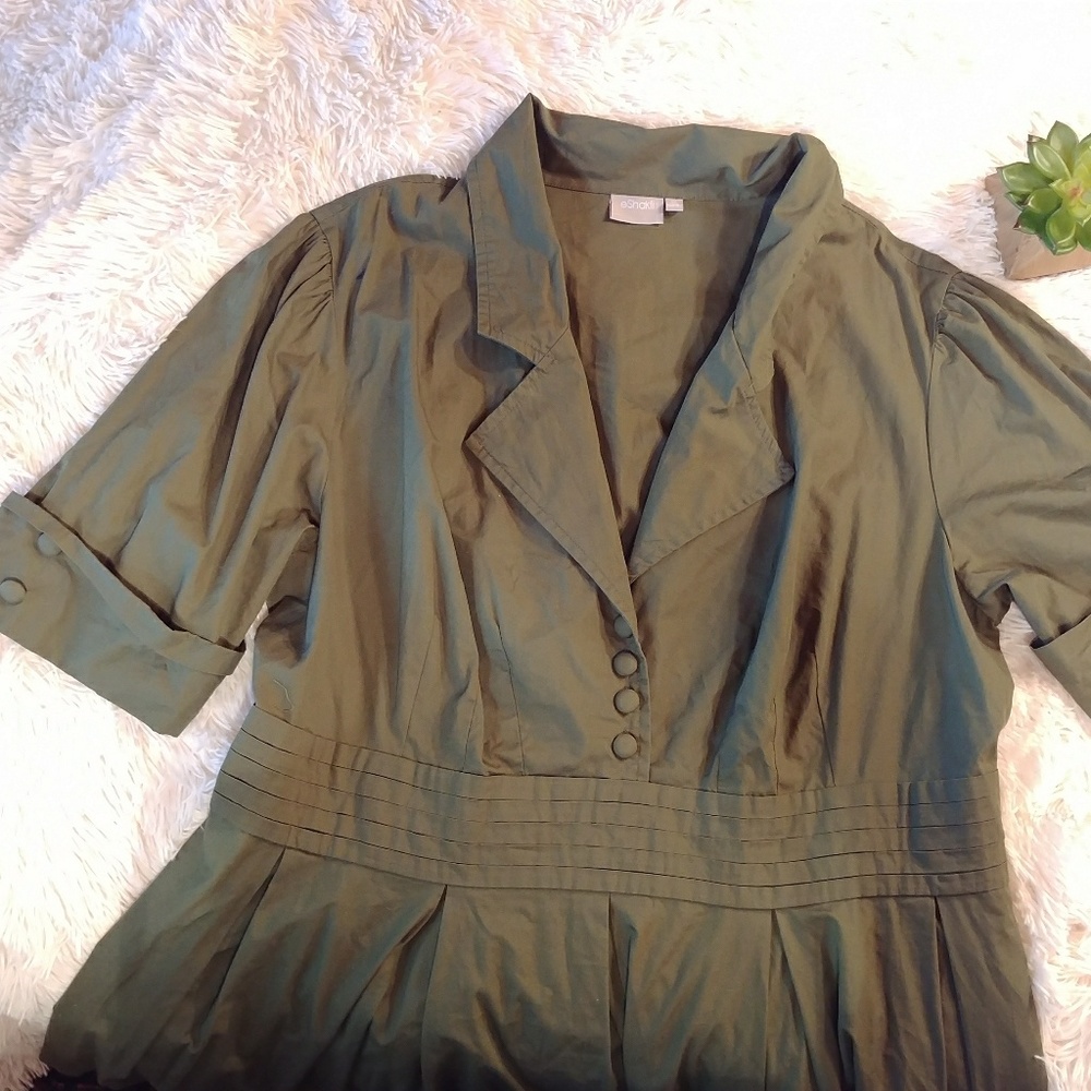 EShakti 3X Green Poplin Retro Shirtdress