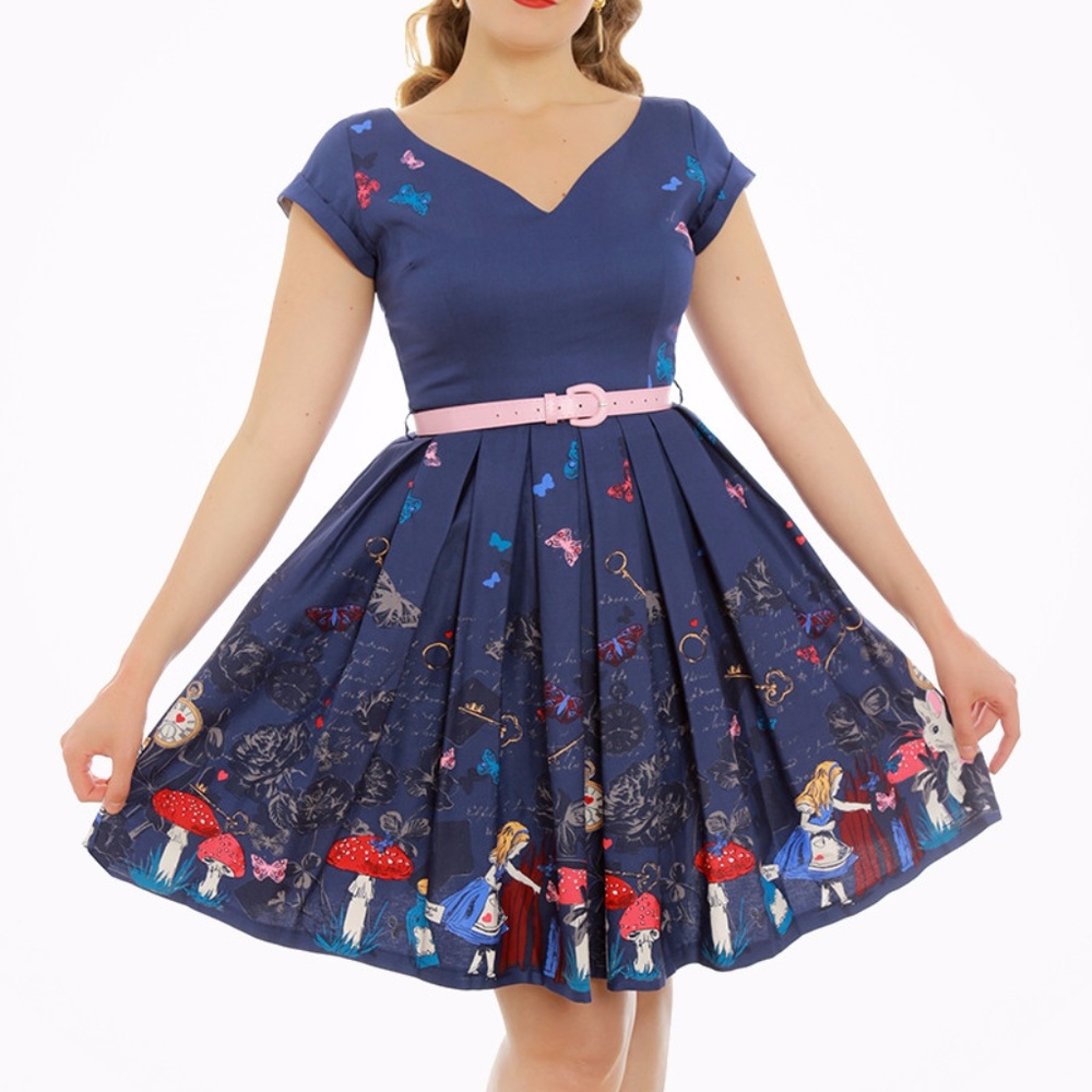 'Aria' Purple Alice In Wonderland Print Swing Dres