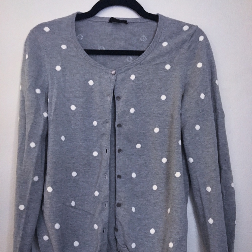 Talbots Gray Cardigan Sweater w/ White Polka Dots