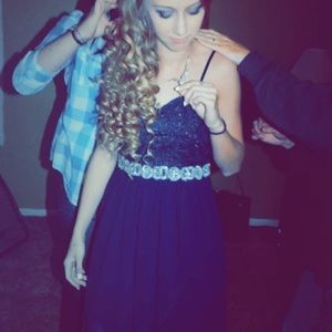 City studio, dark blue high low dress