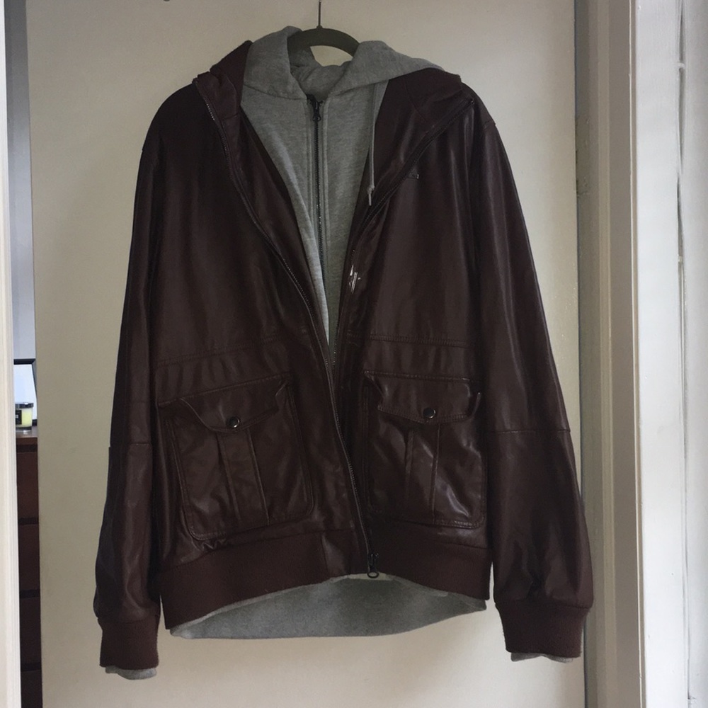 Brown Leather Jacket / Grey Hoodie Combo