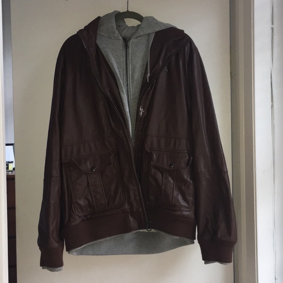 brown jacket with grey hoodie