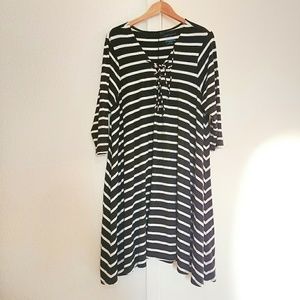 Black and White Striped Trapeze Pull-On Dress 1X