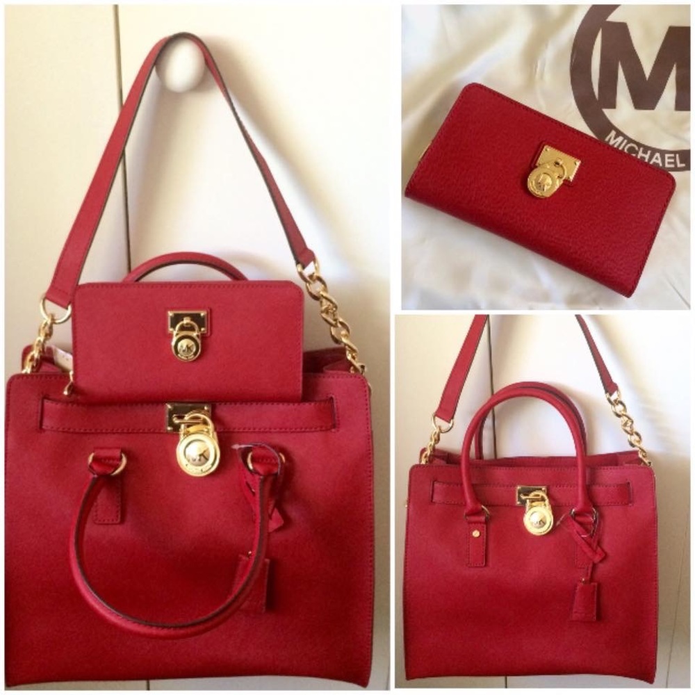 Red Michael Kors Large Hamilton Tote w/ wallet.