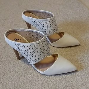White dress shoes with faux wood heel