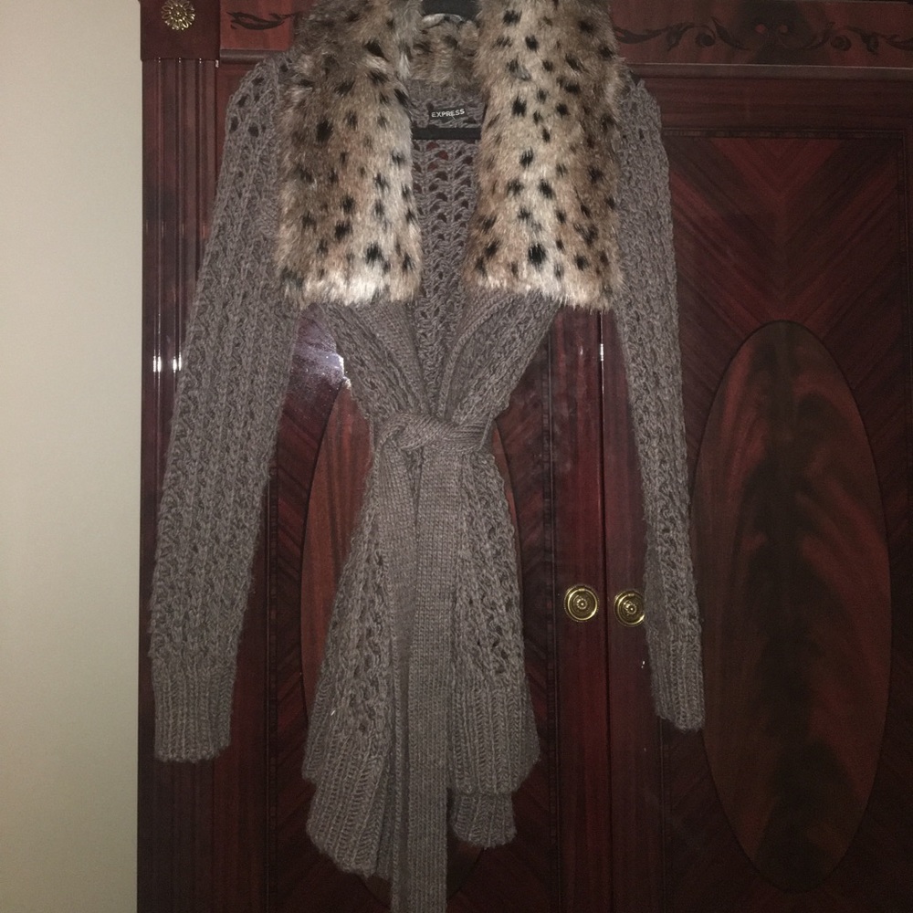 Express Faux Fur Collared wrap sweater size M