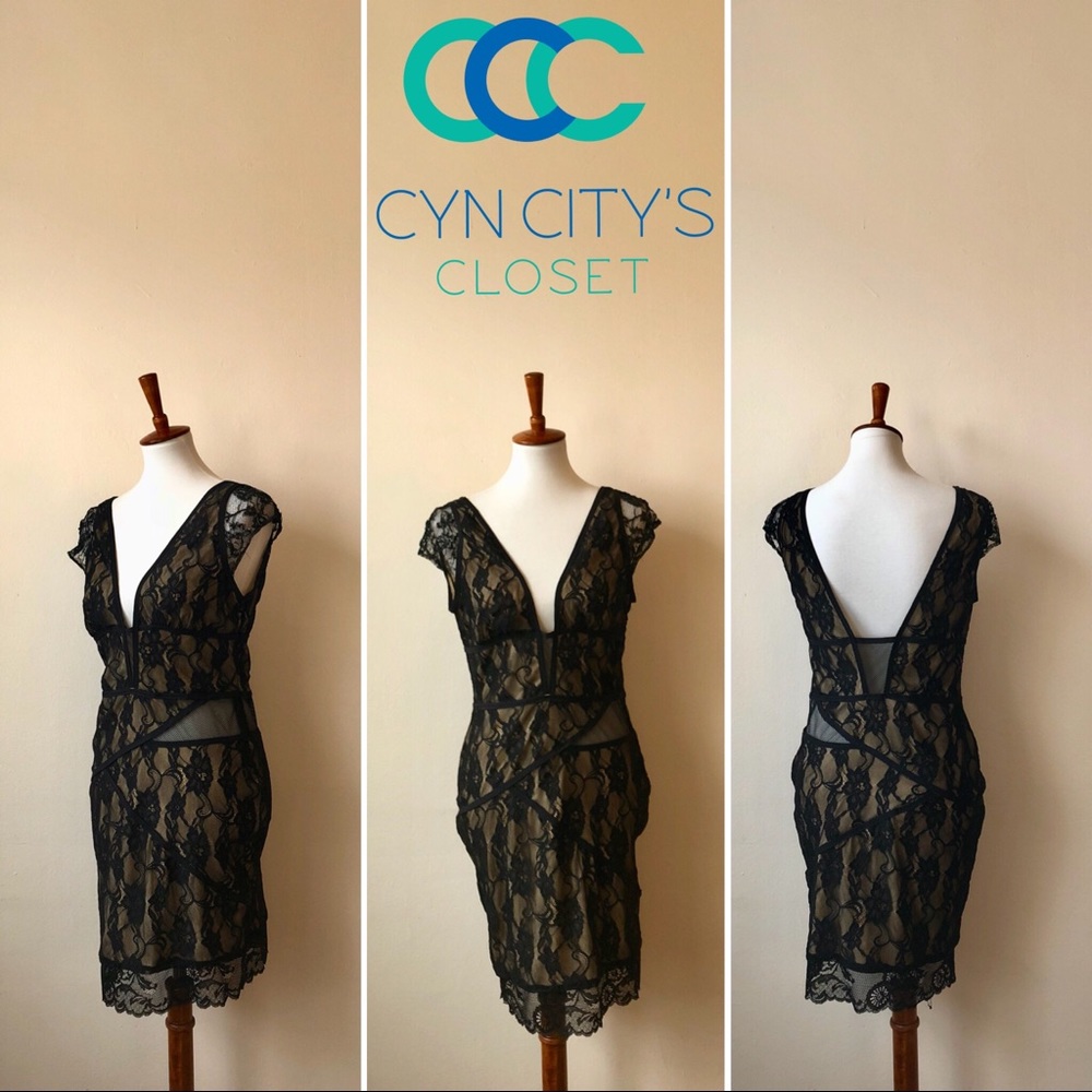 Bebe Black Lace Overlay Dress with Sheer Details