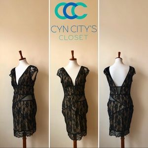 Bebe Black Lace Overlay Dress with Sheer Details