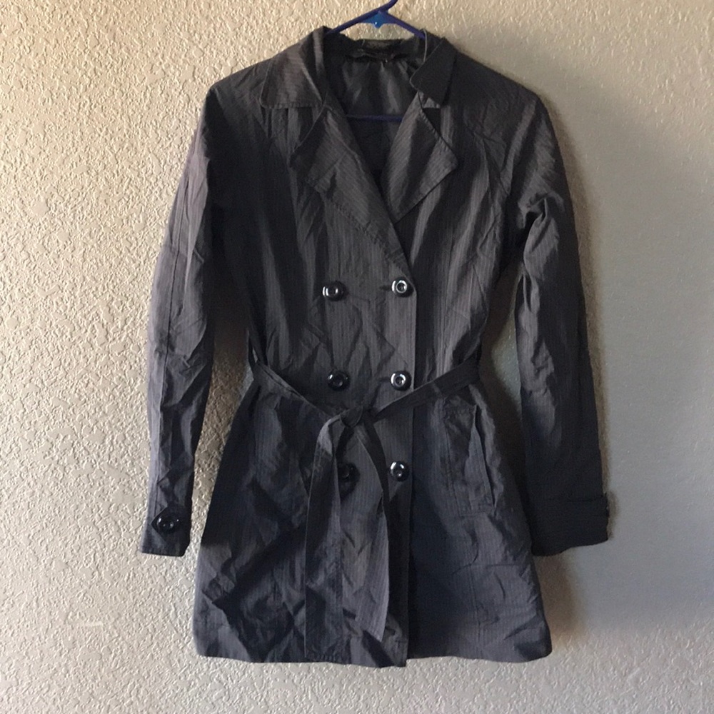 Black pinstripe trench coat