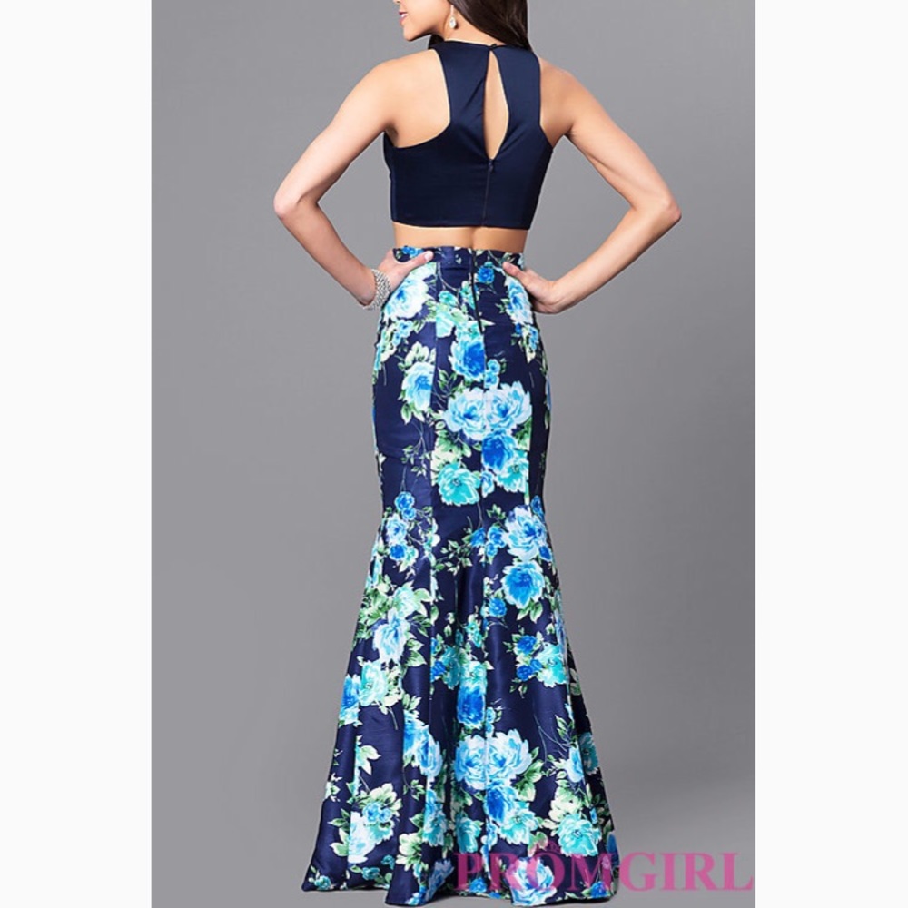 Navy blue/floral 2 piece long prom dress