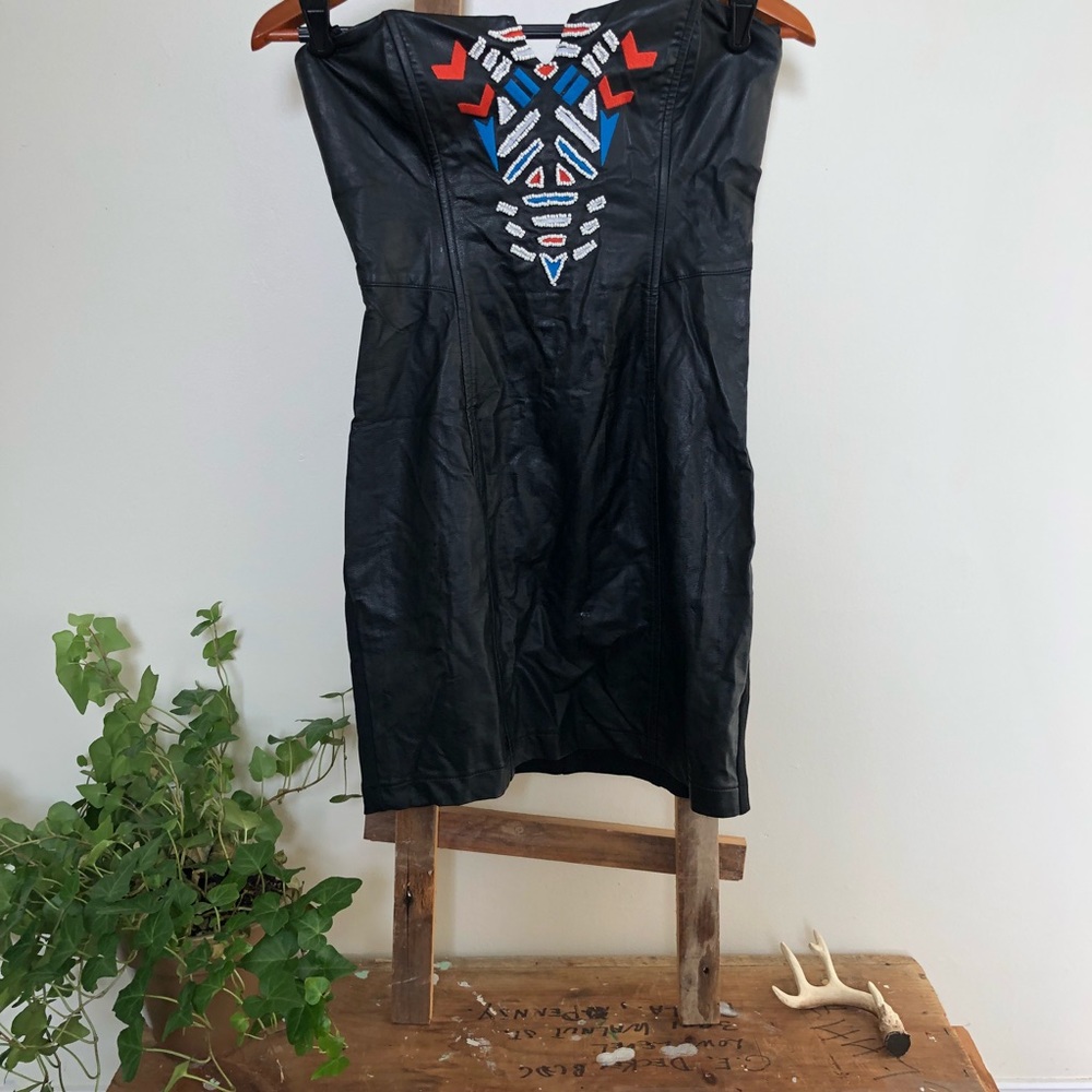 Strapless Faux Leather Bead & Embroidery Dress