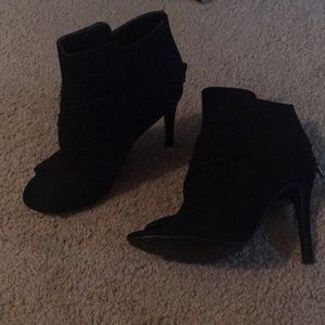 Black faux suede open toe booties. 4” heel