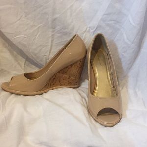 Peep toe cork wedges