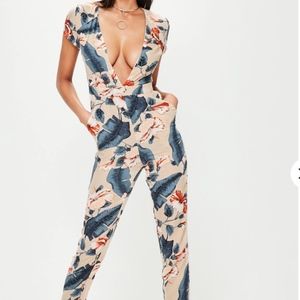 Nude Tropical Print Plunge Jumpsuit