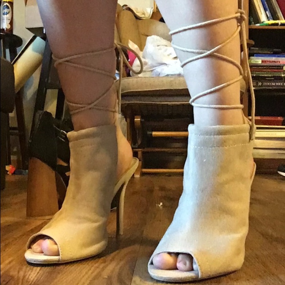 Cream Open Toe and Heel Tie Up Booties